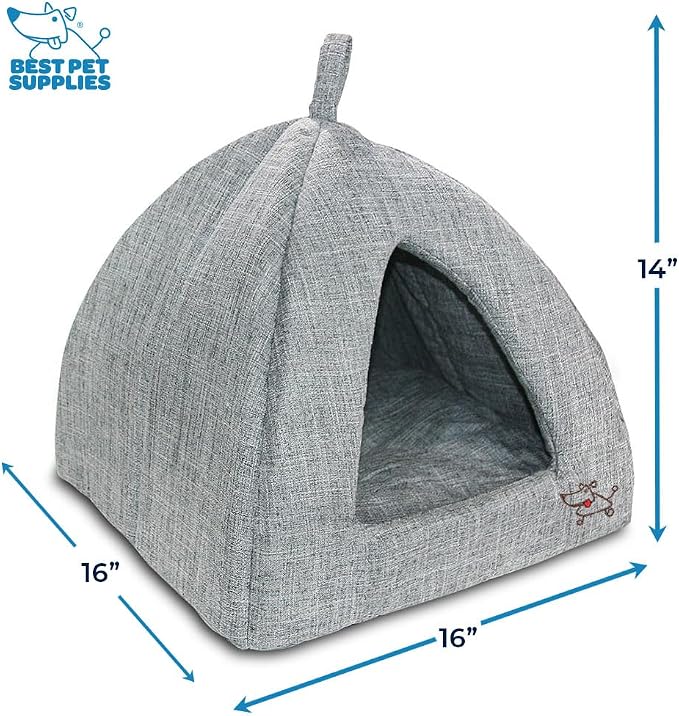 Best Pet Supplies Cat Bed for Indoor Cat, Domed Tent House with Removable Pillow, Covered Cat Cave for Small Dog, Puppies and All Breeds of Cats - Gray Linen, 16 x 16 x H:14"