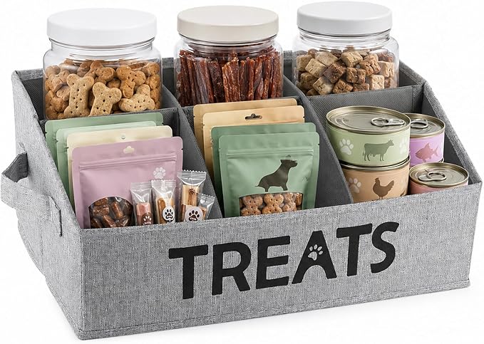 Dog Storage Organizer,Dog Treat Container Bin,Collapsible Fabric Storage Box for Pet Treats with dividers,Dog Stuff Container for Dog Treats Stick/Pet Canned Food/Packaged Snacks-Grey