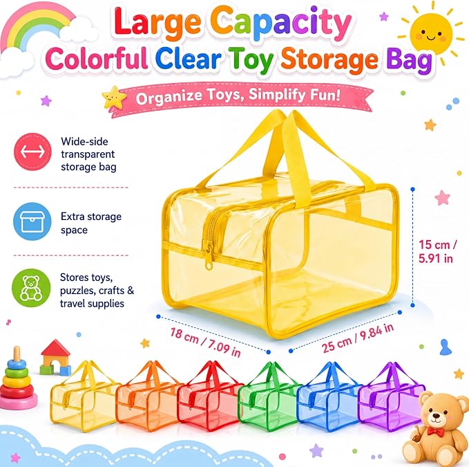 Shinylin 12 Pack Colorful Large Toy Storage Bags with Zipper 9.8 x 5.9 x 7.1 Inch Reusable Waterproof PVC Board Game Storage Bags with Labels for Puzzles Building Blocks Book Stationery