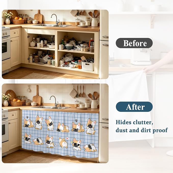 Cute Puppy Sink Skirt for Bathroom, Self-Adhesive Under Sink Curtain, Blue Purple Plaid Modern Funny Dogs Pet Hide Pipes & Storage Fabric Cabinet Skirt Cover for Kitchen Laundry 32"x55"