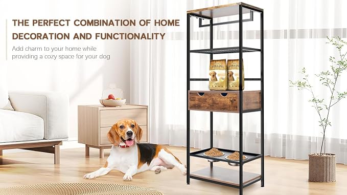 Dog Feeding Station Dog Feeder Station 3 Height Adjustable Raised Dog Bowls | Dog Storage Organizer with Shelves and 1 Drawer for Large Medium Dogs Cats, Black+Vintage
