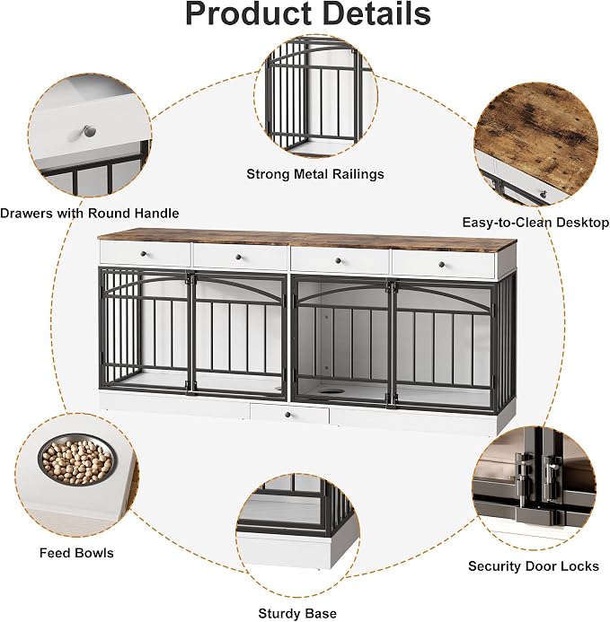 IDEALHOUSE 78.7" Double Dog Crate Furniture with Storage and 4 Doors, White | Dog Kennel Indoor with Feeding Bowls, Wood Dog Crate TV Stand for Small Medium Dogs