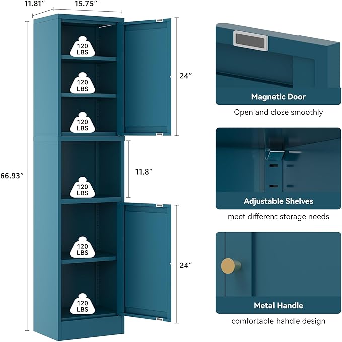 YAUWOH 2-Door Metal Storage Cabinet, Tall Slim Pantry Organizer with 3 Adjustable Shelves (120LBS/Shelf), Anti-Tipping Waterproof Cabinet for Bathroom/Kitchen/Home Office/Small Spaces,(1PC,Blue)
