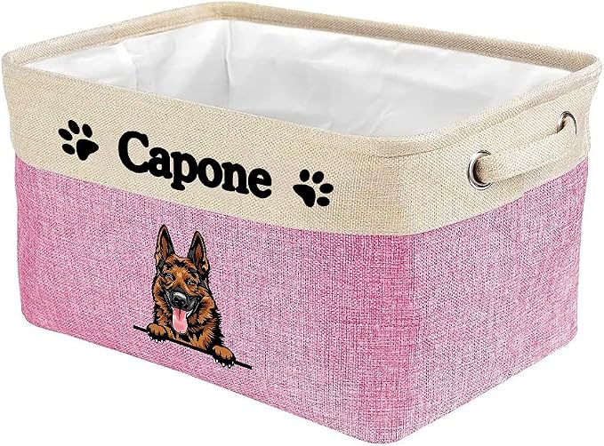 Personalized Fabric Dog Toy Storage Basket with Lovely Dog German Shepherd Collapsible Sturdy Fabric Pet Toys Storage Bin Cube with Handles for Organizing, Pink and White