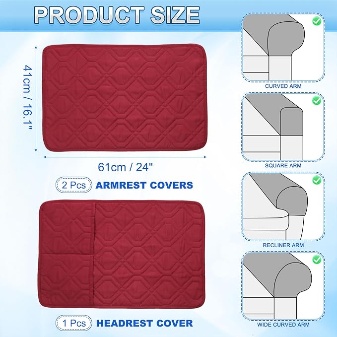 uxcell 3Pcs Sofa Armrest Covers, Armchair Covers with Side Storage Pocket Waterproof Recliner Chair Protector Anti-Slip Couch Arm Headrest Furniture Protect for Home Living Room, Red