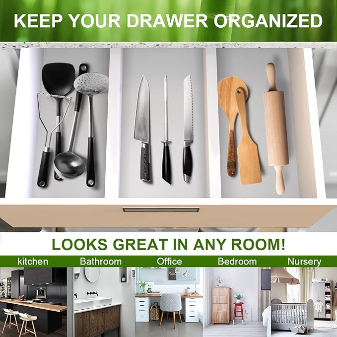 Expandable Bamboo Drawer Dividers, Drawer Separators,17-22 inches Adjustable Spring-loaded Organizer for Large Utensil, Clothes, Tools Drawers, 6Pack (White)