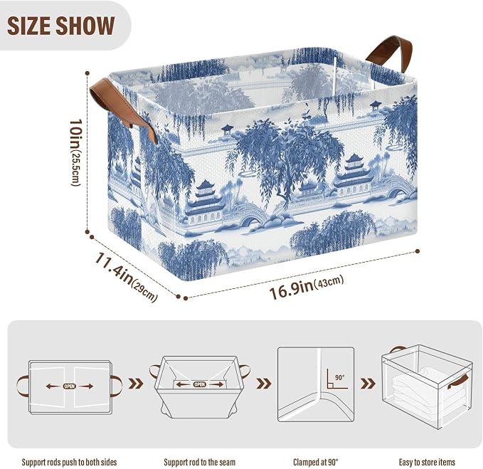 Blue and White Porcelain Pavilions Willow Tree Storage Bins for Shelves with Labels&Handles Fabric Organizer Bin Foldable Rectangle Storage Basket Boxes for Closet, Bathroom, Home, Living Room