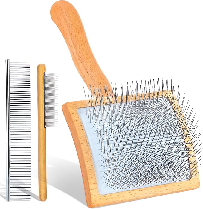 Slicker Brush for Dogs, Large Long Pin Dog Grooming Brush for Doodles Goldendoodles Poodles Labradoodle Bernedoodles, 3 Pcs Wooden Handle for Mats Tangles - Wood