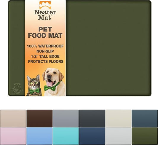Neater Pet Brands Neater Mat Pet Mats for Food and Water, Cat & Dog Bowl Mat Waterproof Silicone, Feeding Tray, Dog Food Mats for Floors, Placemat w/Raised Edge for Under Bowls, 32" x 24", Olive