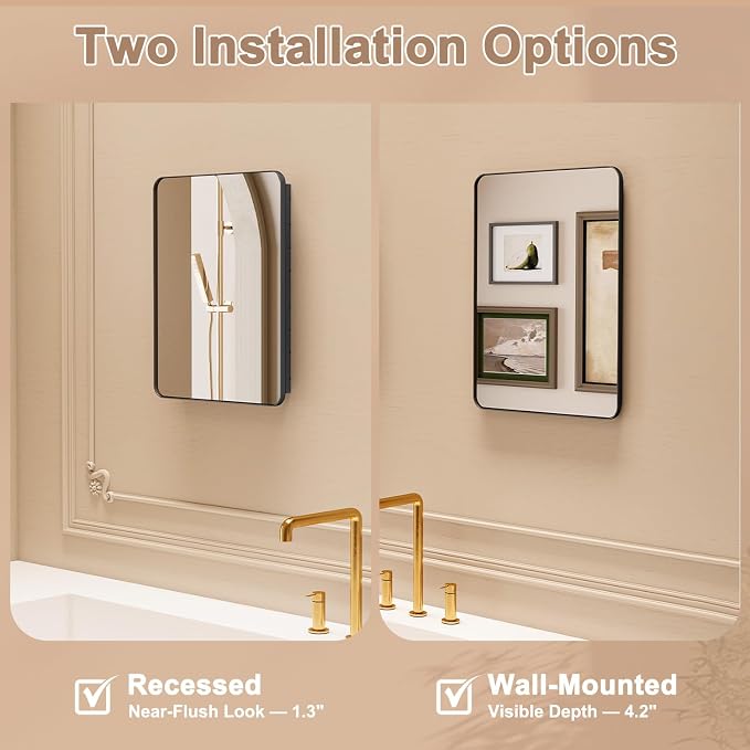 14x18 in Medicine Cabinet with Mirror for Small Space, Matte Black | Fully Assembled; Recessed or Surface Mount; Metal Construction with One Adjustable Glass Shelf for Flexible Storage