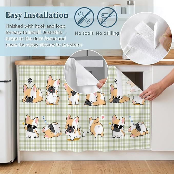Cute Puppy Cabinet Curtains 28"x51" Sink Skirt for Bathroom Kitchen, Sage Green Plaid Modern Funny Dogs Pet Self Stick Adhesive Under Desk Covers Tall Laundry Cabinet Storage Organizer