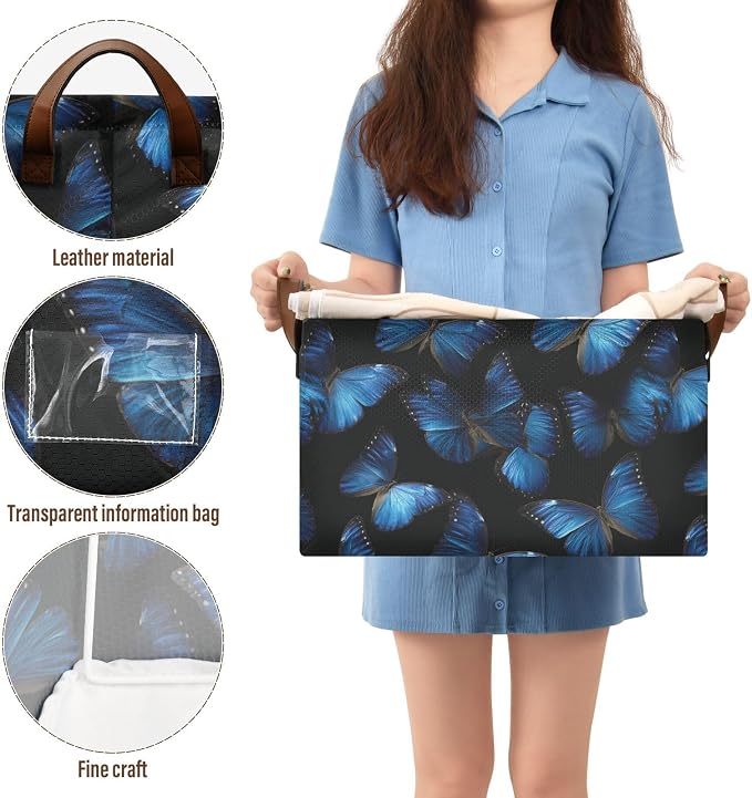 Black Background Blue Butterflies Storage Basket Foldable Cube Storage Bins with Handles&Label Waterproof Collapsible Organizer Box Bin Large Rectangle Decorative Baskets for Shelves Home Room Laundry
