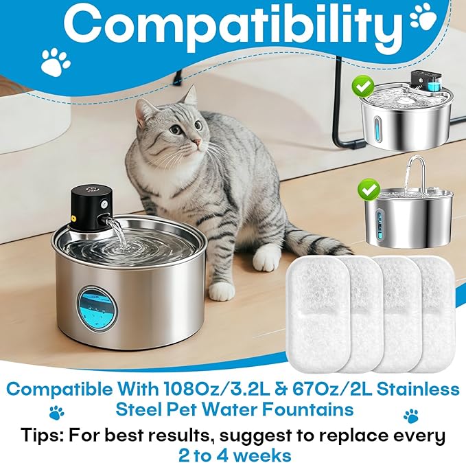 8 Pack Cat Water Filters Replacement for 108Oz/3.2L & 67Oz/2L Stainless Steel Pet Water Dispenser, Cat/Dog Indoor Water Dispenser Fountain for Most Pet Water Fountains 8 Filters & 8 Sponges