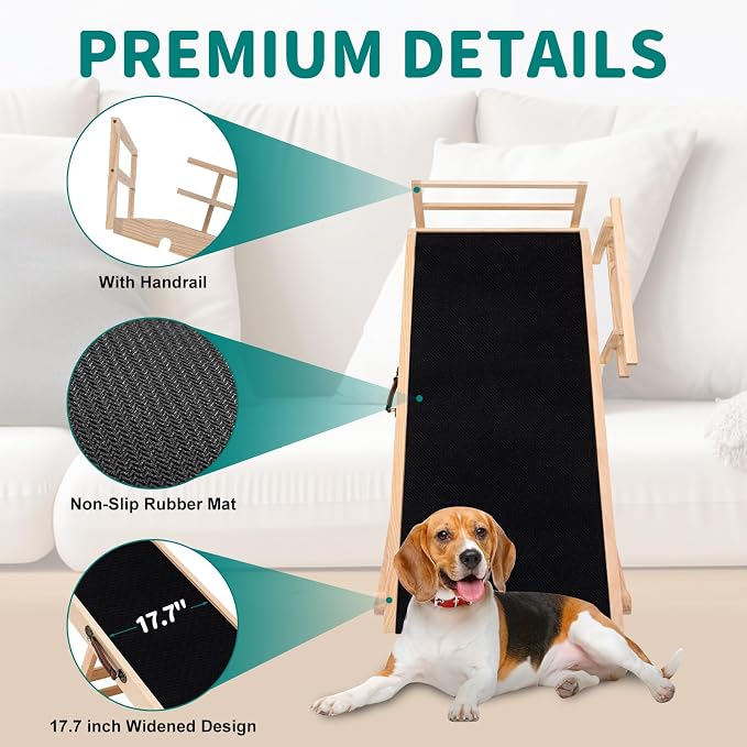 Dog Ramp for Bed & Couch, Foldable Wooden Pet Ramp, 5 Adjustable Heights | Height up to 23.5", Portable Dog Ramp with Non-Slip Rubber Surface & Safety Railings, Pet Ramp for Small, Large, Senior Dogs