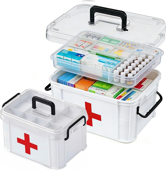 2 Pack Clear Medicine Organizer Box with Handle, Plastic Medicine Container with Tray First Aid Box Empty, Thickened Medicine Storage Organizer Multipurpose Medication Organizer Storage, White