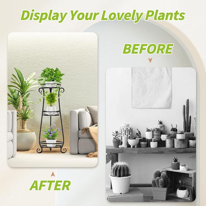 KMOTASUO 3 Tier Metal Plant Stand Tall for Indoor Outdoor Corner, Black | Heavy Duty Flower Holder Rack, Modern Vertical Iron Shelf for Patio Bathroom Office Garden