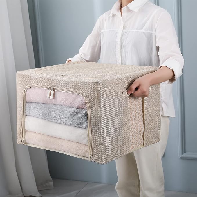 CYhom 3Pack Foldable Storage Bins - Frame Storage Box Linen Fabric Stackable Clothes Container Organizer with Clear Window & Carry Handles Large Capacity (Large-66L, Beige)