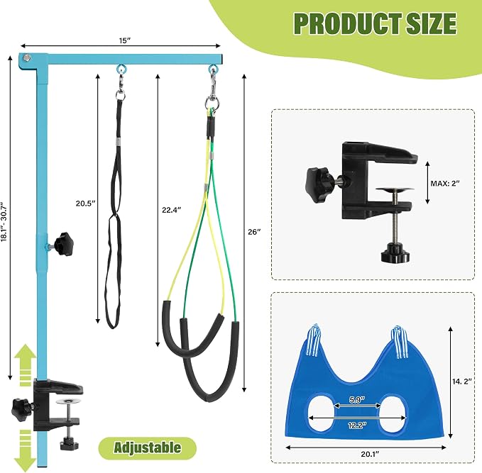 getlstub Dog Grooming Arm with Pet Grooming Hammock, 35" Pet Grooming Table Arm with Adjustable No Sit Haunch Holders, Dog Grooming Stand with Loop Noose for Small and Medium Pets, Blue