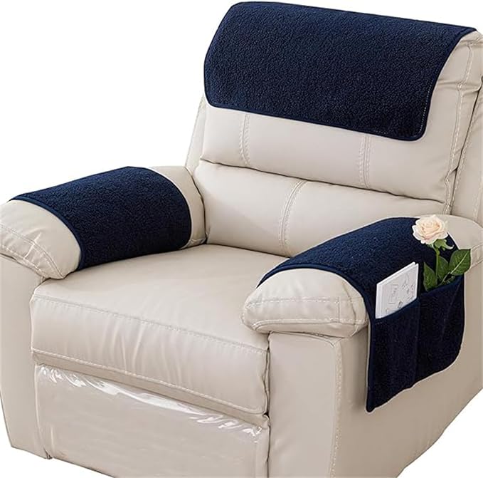 Sherpa Fleece Armrest and Headrest Covers with 2 Pockets | Soft fleece with nonslip silicone backing helps protect leather and fabric furniture from pet scratches machine washable
