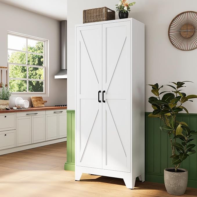 75" H Metal Storage Cabinet with 2 Doors and 4 Shelves,Tall Kitchen Pantry Cabinets,Farmhouse Utility Pantry Organizers for Cupboard/Dining/Bathroom/Home Office/Garage,White