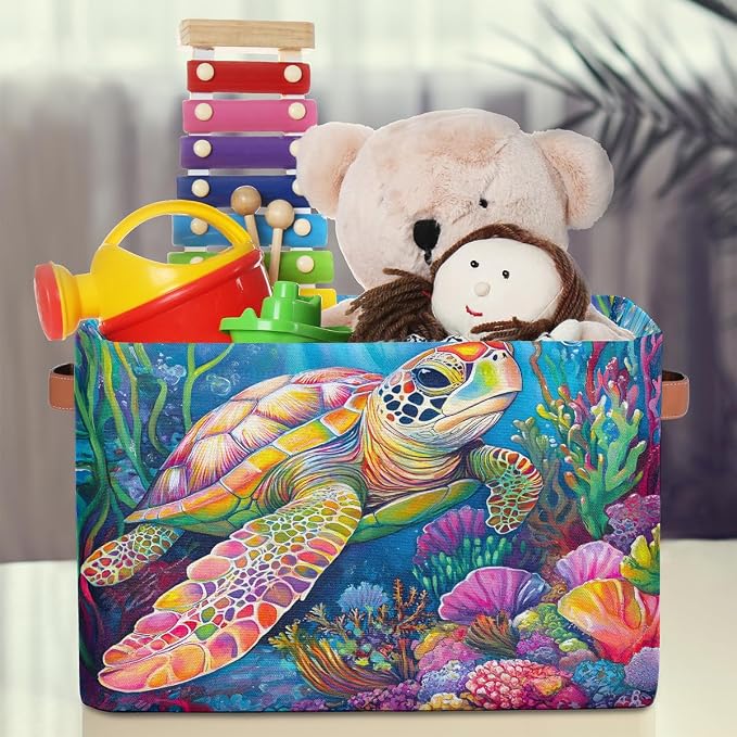 Pardick Colorful Sea Turtle Basket Storage Bins Large Fabric Toys Storage Cube Box with Handles Collapsible Closet Shelf Cloth Organizer Basket for Nursery Bedroom Bathroom Holiday Gift