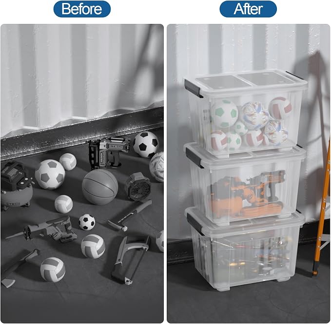 30 Quart Stackable Clear Plastic Storage Container Bin, 4 Packs | Latching Totes with Lids and Wheels for Organization
