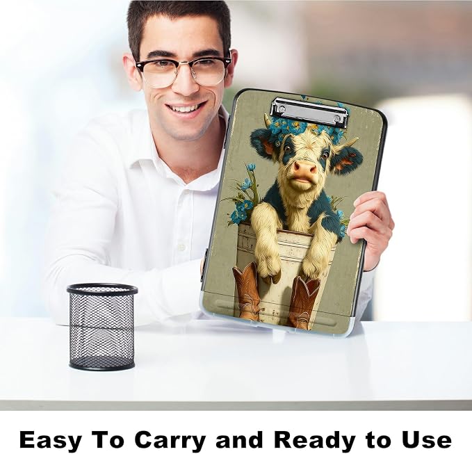 A4 Clipboard with Storage Pen Holder, Clipboards Organizer Nursing Clipboard Foldable File Folder Plastic Clipboard Folio Clip Board for Office Work Classroom Doctor, Cow Blue Flower