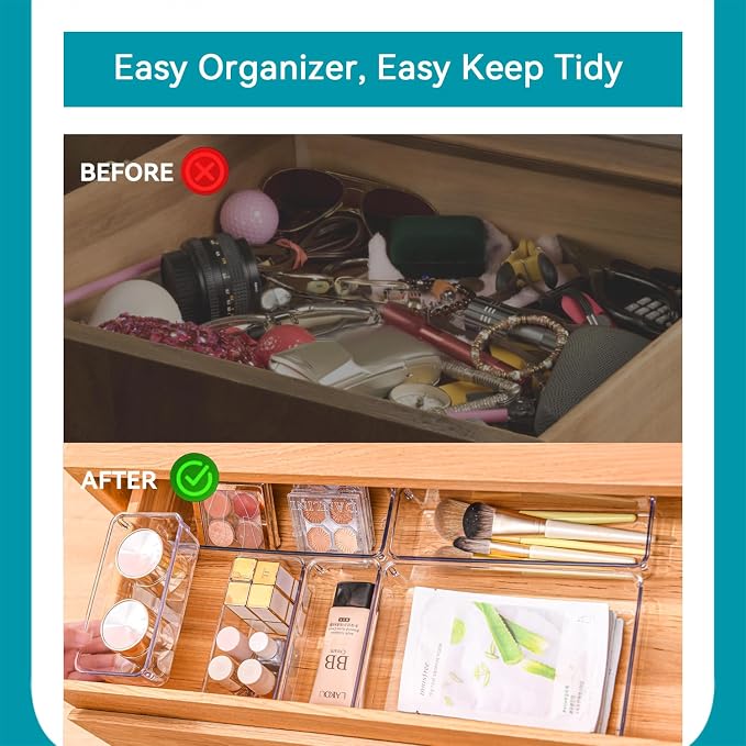 Voova Clear Plastic Drawer Organizer Trays, 6 Pack | Three tray sizes create custom storage for kitchen utensils, cosmetics, office supplies, bathroom items and more
