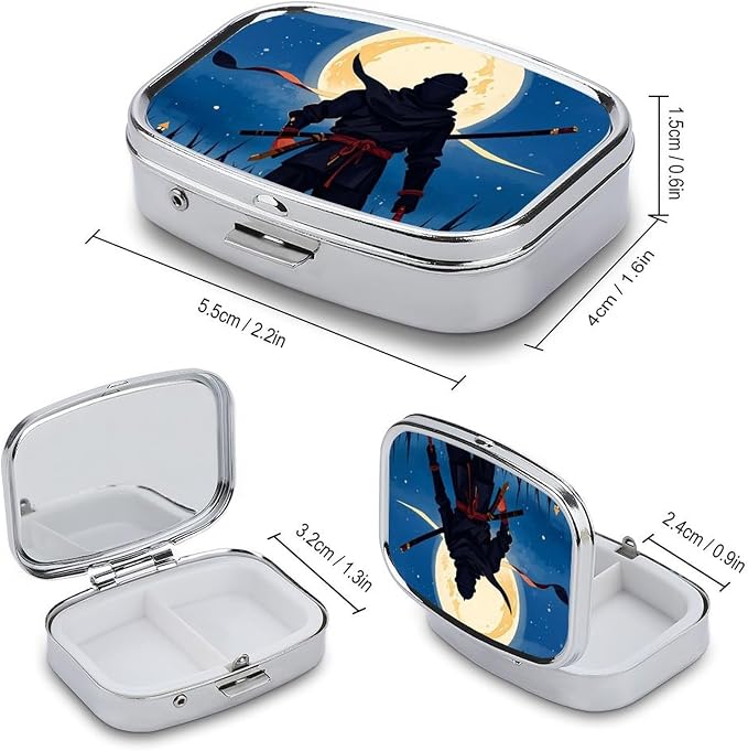 Moonlight Watercolor Style Ninja Pill Box 2 Compartment Medicine Pill Case Portable Pill Organizer for Pocket Or Purse Decorative Metal Medicine Vitamin Organizer