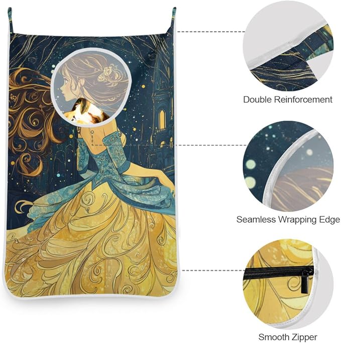 1PC Hanging Laundry Hamper Bag Over the Door Laundry Hamper Wall Hamper Large Dirty Clothes Hamper with Stainless Steel Hooks 29.5x20Inch Princess Beautiful Yellow