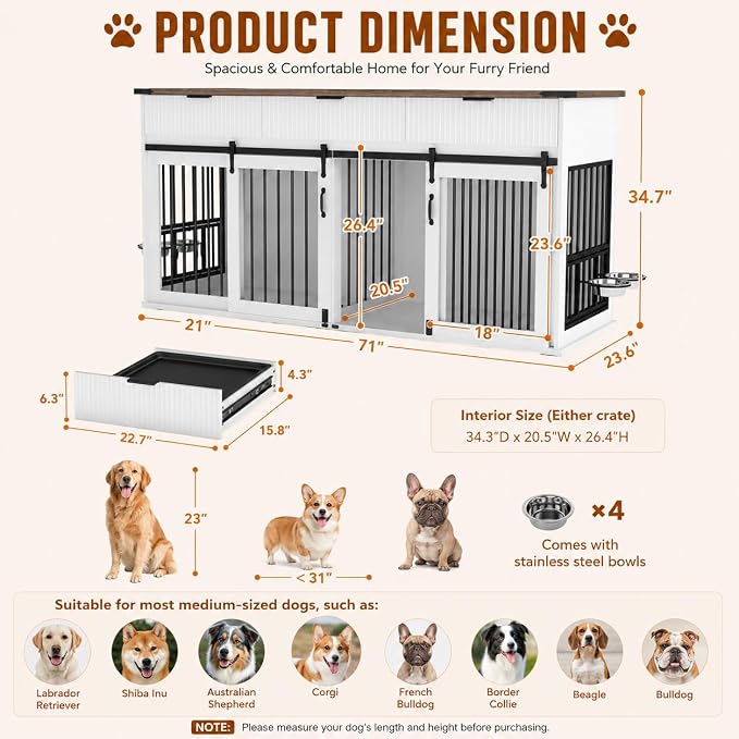 71" White+Walnut Double Dog Crate TV Stand with Charging & Feeder | 3 Fluted Drawers, Rotating Feeder Design, Heavy Duty Frame, for 2 Dogs, Indoor Pet Kennel