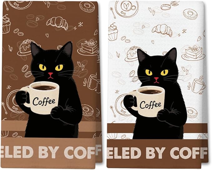 WwongxianB Black Cat Kitchen Towels Decorative Set of 2, Vintage Coffee Towel Hand Towels Highly Absorbent Dish Cloths 16x24 Inches, Bathroom Dining Room Decor, Cat Lovers Gifts -01