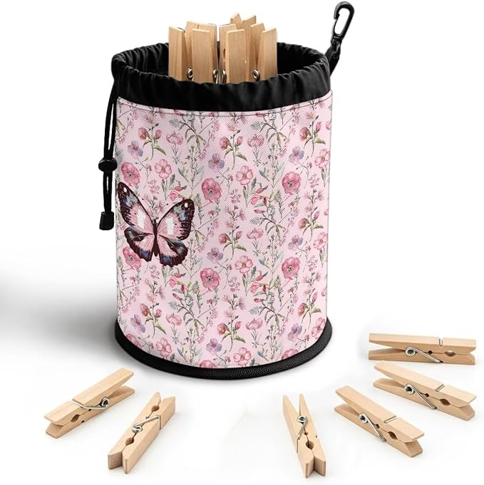 Floral Butterfly Drawstring Clothespin Organizer Bag, Laundry Peg Storage Pouch with Hanging Grommet, Portable Clips Holder for Drying, Perfect for Home, Camping & Outdoor Use