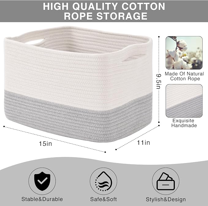 ICERZCZ Storage Baskets for Organizing Shelves, Woven Cotton Rope Bins for Baby Nursery Organization, Book Toy Towel Organizer, 15"x11"x9.5", 3 Packs, Off White & Grey