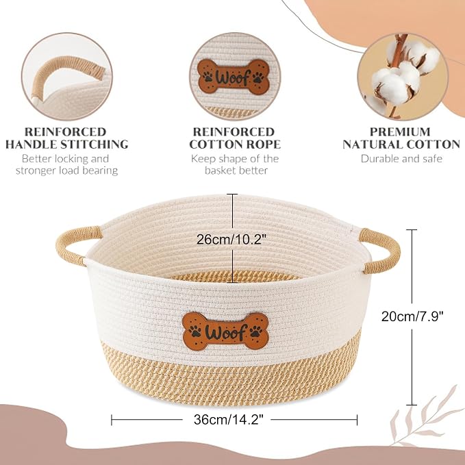Dog Toy Basket, Dog Toy Box Organizer Baskets, Woven Cotton Rope Pet Puppy Dogs Toy Bin With Handle, Chew Toys Blankets Leashes Storage Baskets for All Pets - Puppies to Large 14" L x 10.2" W x H 7.9"