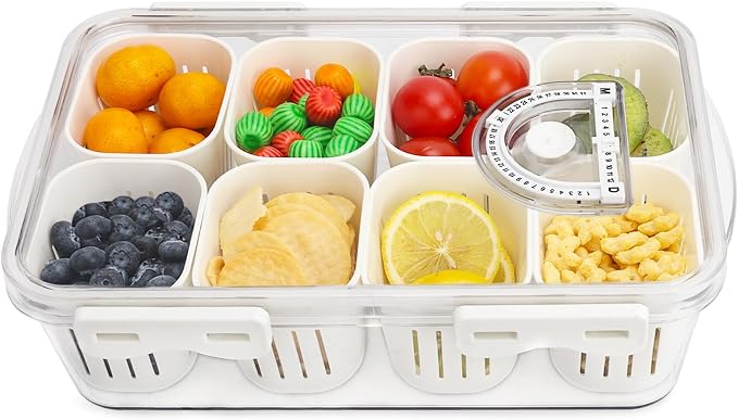 Veggie Tray Divided Serving Tray with Lid, Salad Bar Container for Fridge | Portable Snack Box Container,Food Storage Organizer with 8 Strainers for Fruit,Vegetable, Berry Saver for Refrigerator Picnic
