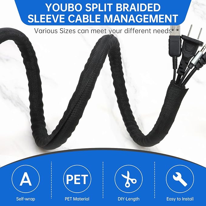Split Braided Cable Sleeve，Flexible Wire Loom Tubing, Automotive Cord Protector Pet Proof, Cable Management for Computer TV Electric Wires Harness 16ft (Black, 32mm（1-1/4")