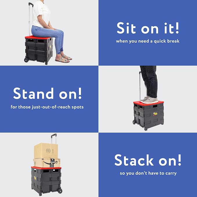 dbest Products Quik Cart Standard Collapsible Rolling Crate - Red Lid | with Wheels, Roll Up to 80 lbs Capacity, Heavy Duty Plastic Construction, Telescoping Handle, Foldable Utility Cart