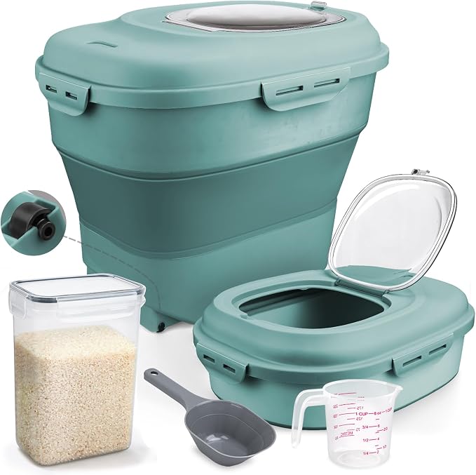 Komzon Rice Storage Bin Cereal Containers, 13-50lb Collapsible Rice Container Dispenser with Transparent Lid, Rolling Wheels, Measuring Cup and Scoop, Airtight Dog Cat Pet Food Storage Container Green