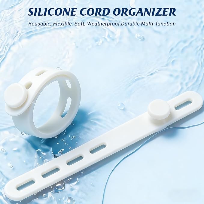 24 Pack Silicone Cable Ties, Cord Wrap for Home Office Travel Organizer | reusable, durable, adjustable, waterproof, elastic wire straps, multipurpose desk organization charger cord management holder