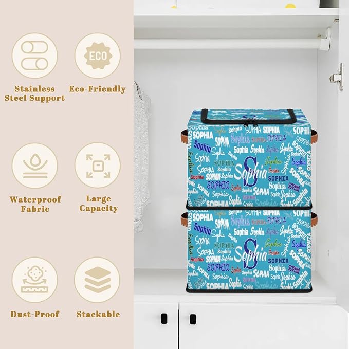 Personalized Name Storage Basket with Zipper Lid, Lake Blue Boys Men Canvas Storage Bins Toys Clothes Organizer for Bedroom, Kitchen, Bathroom, Nursery, Shelves, Closets