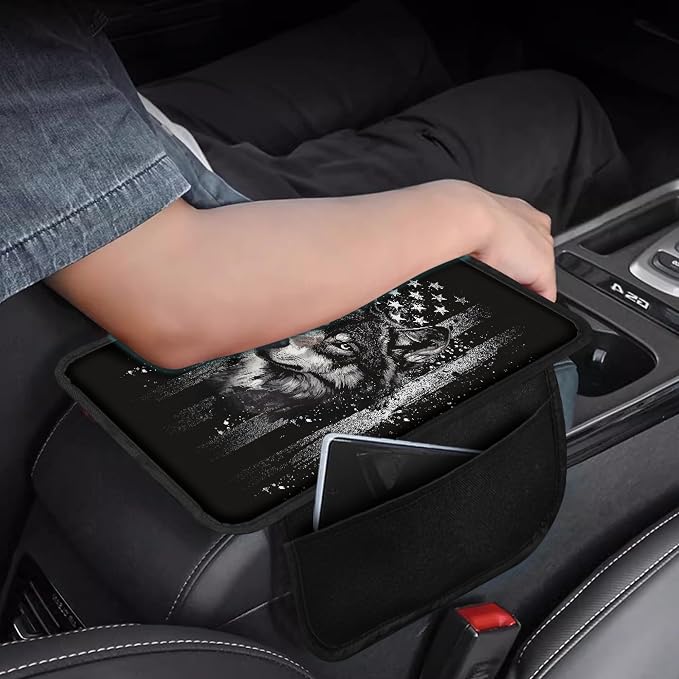 Howilath Car Console Cover, Arm Rest Cover for Car with Storage Pockets | Vintage Flag Wolf Elastic Strap Install, No Tools Needed, Washable, Protects Armrest from Pet Claws and Dirt