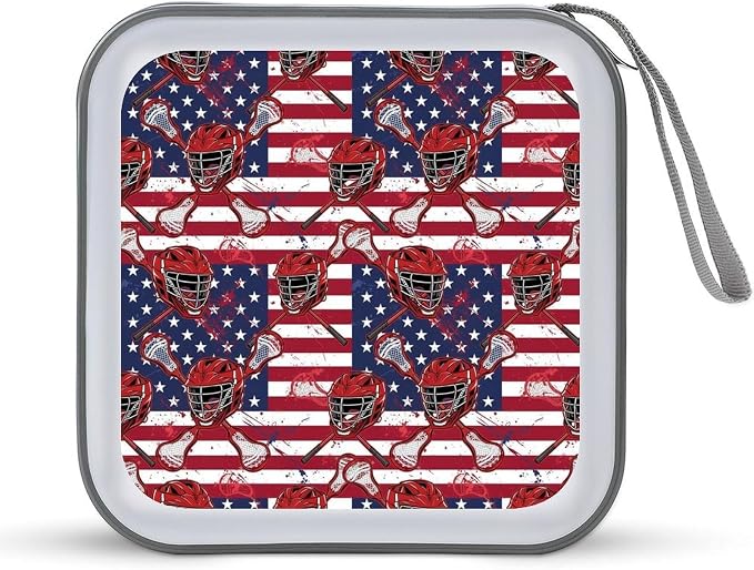 Portable DVD CD Organizer Wallet Lacrosse American Flag, 40-Capacity Hard Case with Strap, Protective Storage Binder for Car Home