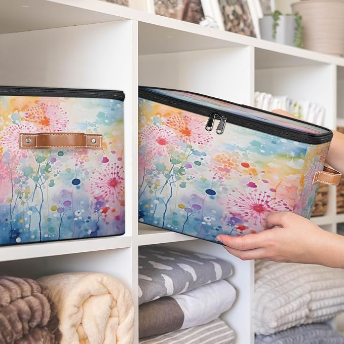 Pardick Storage Bin Watercolor Abstract Trees Storage Baskets with Zipper Lid & Handle Foldable Closet Shelf Cloth Organizer Basket Cube Bins Clothes Organizer for Nursery, Bedroom