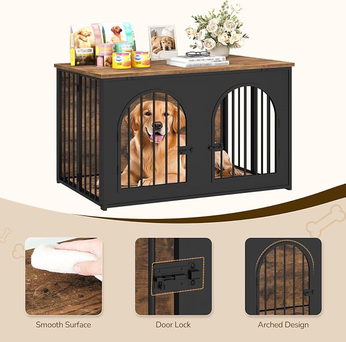 YATINEY 37.4" Dog Crate Furniture Foldable, Assembly-Free Dog Kennel | Arched Design, Collapsible Dog Crate, Dog Cage End Table, with Secure Door Lock, for Living Room, Hallway, Bedroom