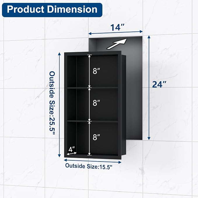 Qeke 14x 24 Medicine Cabinet Recessed with 3-Tiers Shelves, Matte Black | 304 Stainless Steel Medicine Cabinet without Mirror, No Tile Needed Wall Niche for Bathroom Storage, Space Saving & Durable
