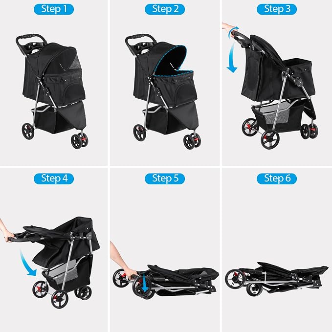 LEMY 3 Wheels Pet Dog Cat Stroller for Small Medium Dogs Cats,Black Foldable Jogger Travel Puppy with Detachable Carrier