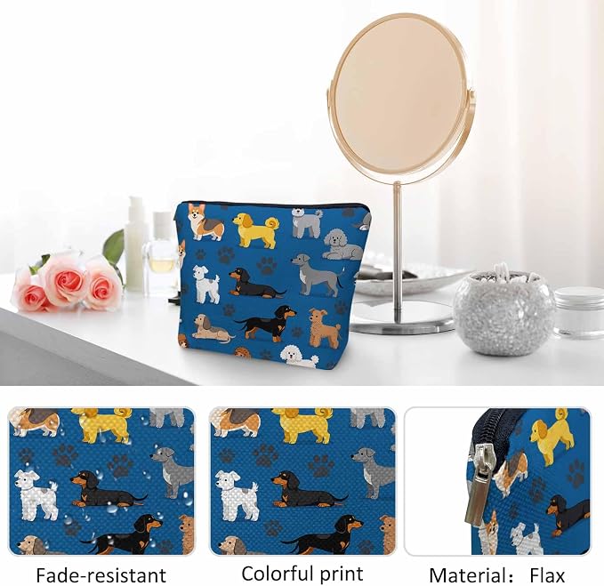 Woman Makeup Bag Dog, Cute Dogs Pet Puppy Blue Makeup Bags Travel Cosmetic Bags Toiletry Makeup Organizer Pencil Pouch Make Up Cosmetic Bag For Owners Lady Birthday Gifts