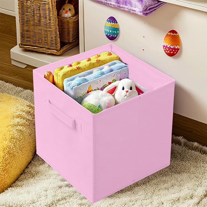 PowerKing Collapsible Storage Cubes, Farbic Storage Bins, Pink, 6 Pack | Sturdy, Lightweight, Easy Pull Handle, Closet & Shelf Organizer, Clothes and Toys Storage, 10.5'' x 11'' x 10.5''