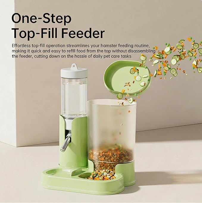 No Drip Hamster Water Bottle, 2 in 1 Automatic Hamster Water Dispenser & Food Bowl, Freestanding Small Animal Water Bottle Cage Accessories for Dwarf Hamster, Gerbil, Rat, Mice (Green)